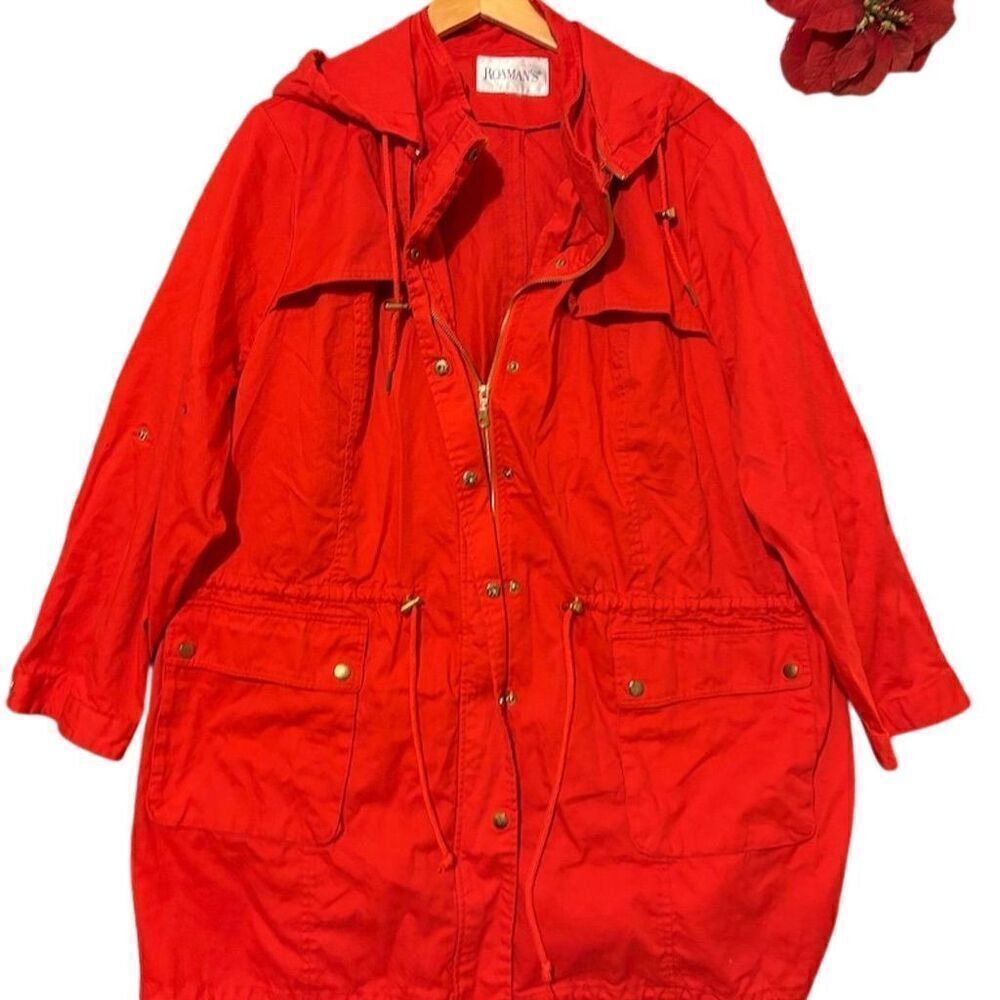 Roaman's Women's 3X Red Hooded Drawstring Jacket Mid-Length Casual